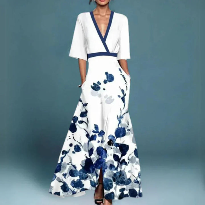 Long floral print wrap dress for women, a stylish V-neck maxi dress ideal for elegant summer or casual wear.