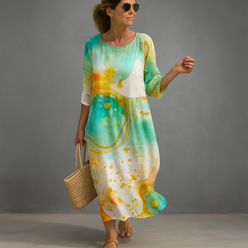 Flowy floral summer midi dress for women, ideal for spring events or elegant daywear. Comfortable and stylish occasion wear.