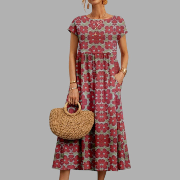 Beautiful floral print midi dress for women. Elegant, semi-formal occasion wear, ideal for parties & summer.