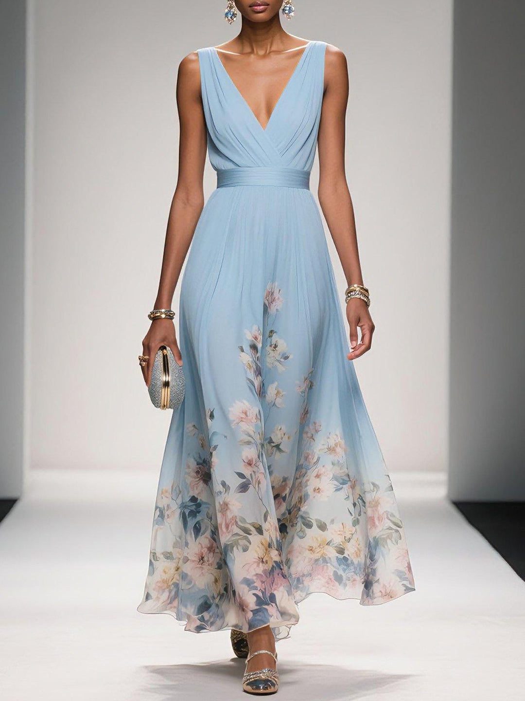 Elegant women's floral midi dress with deep V neck, perfect for summer occasions & parties.
