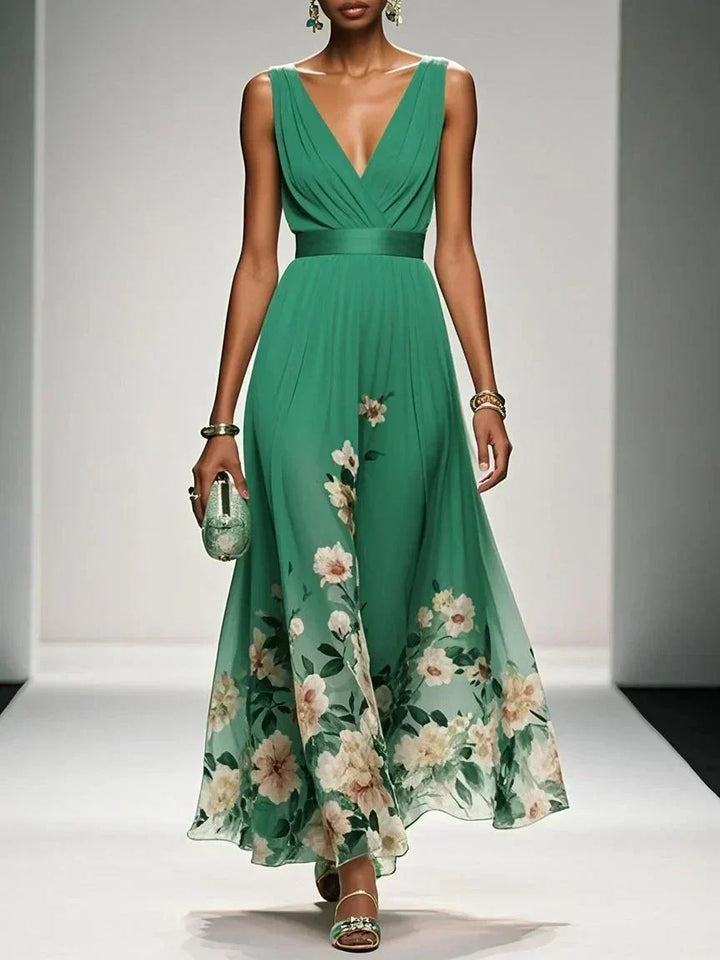 Beautiful summer women's midi dress with a colorful floral print & elegant deep V neck design.