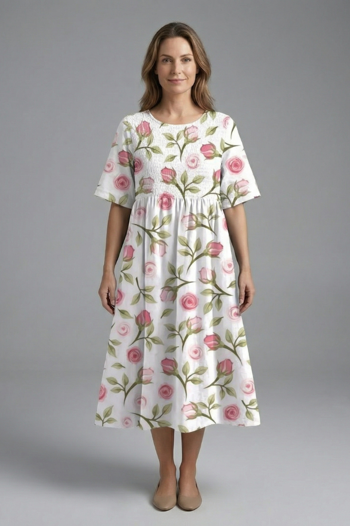 Everyday elegant women's floral midi dress, round neck, short sleeve, flared skirt, summer casual.