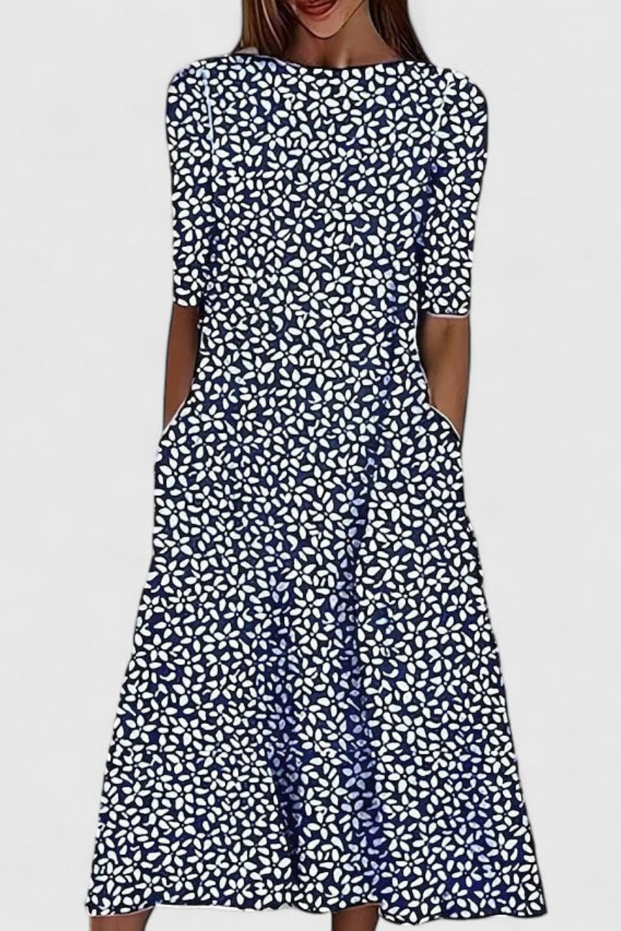 Chic women's floral midi dress. Features a comfy round neck, short sleeves & practical pockets. Ideal for spring & summer.