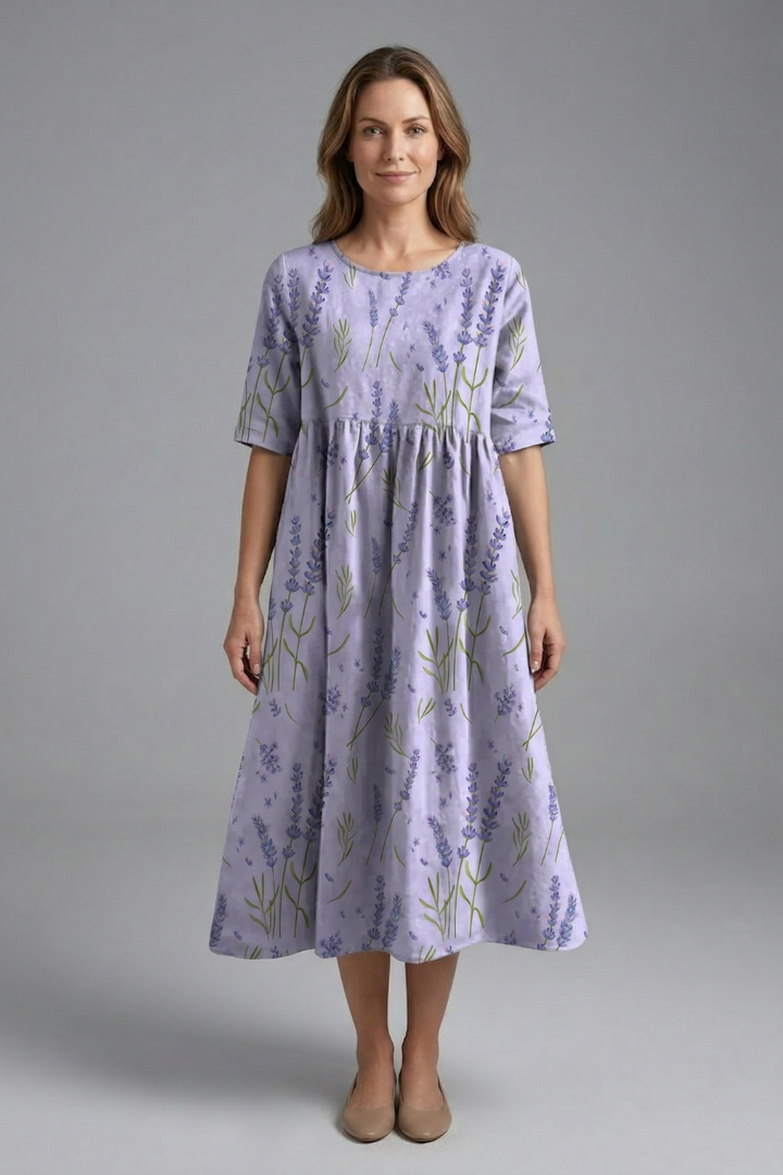 Comfortable women's floral midi dress with a round neck, short sleeves & a flattering flared skirt.