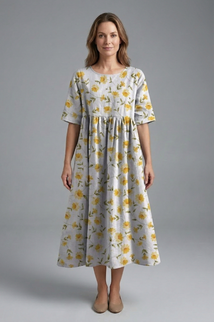 Casual elegant women's floral midi dress, round neck, short sleeve, flared skirt, perfect for spring.