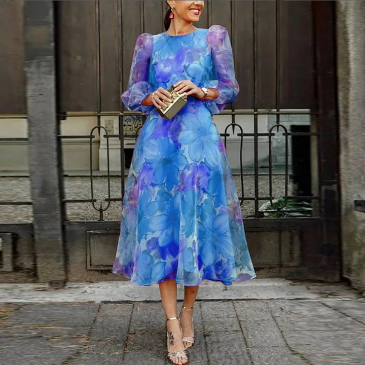 Floral print midi dress for women, ideal as a wedding guest or party dress, featuring elegant design