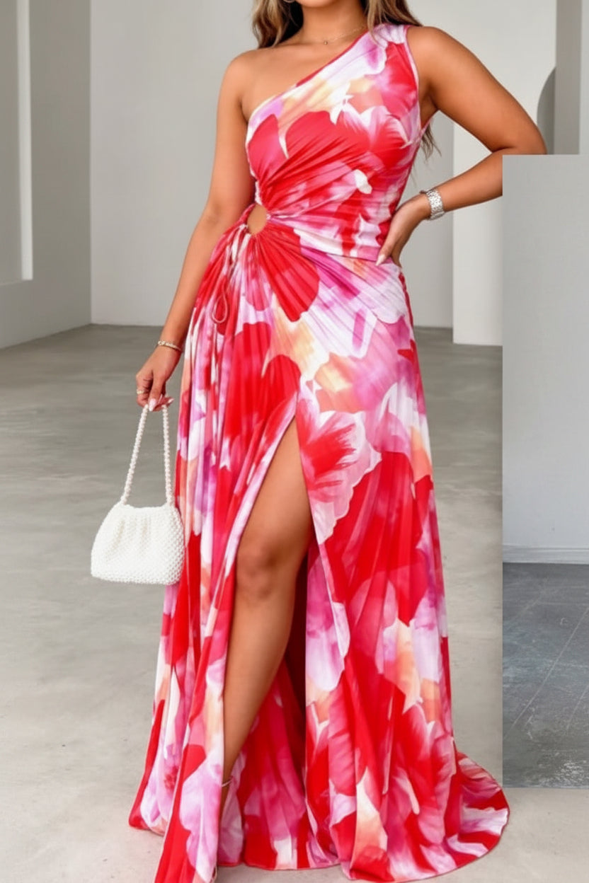 Elegant women's floral print maxi dress with halter neck and stylish keyhole detail, perfect for summer vacations.