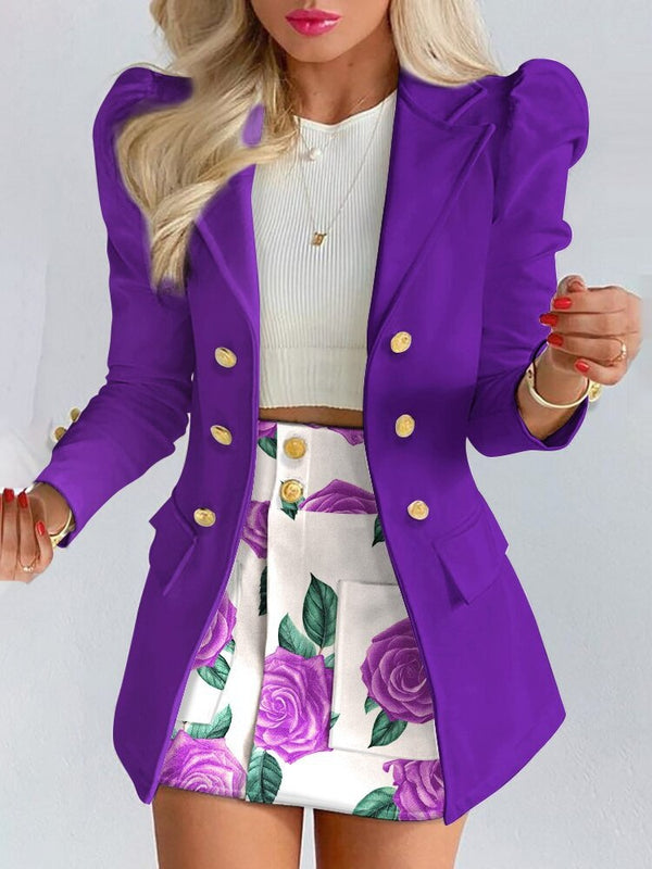 Elegant women's floral print tailored blazer and matching skirt co-ord set, perfect for business attire.