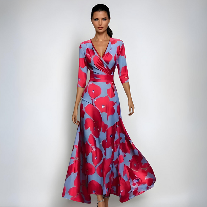 Elegant women's floral print V-neck wrap maxi dress with 3/4 sleeves, perfect for special occasions & parties.