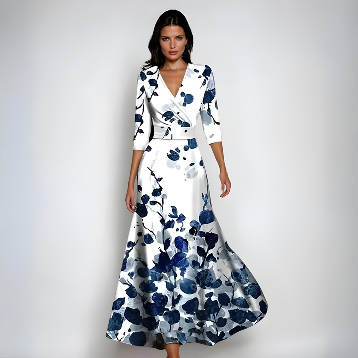 Stylish women's floral print maxi dress, featuring a flattering V-neck wrap design and 3/4 sleeves for events.