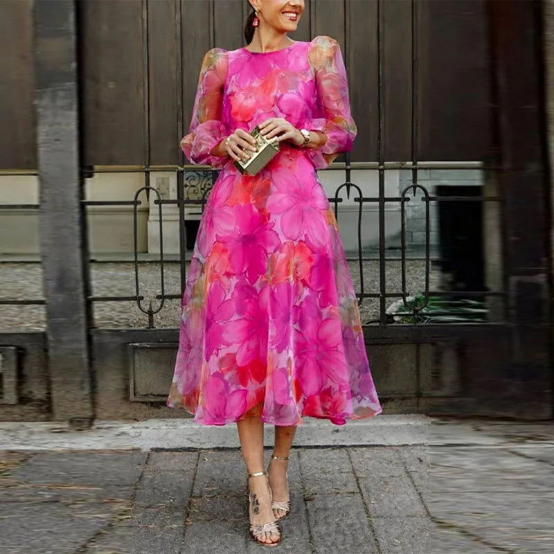 Elegant women's floral puff sleeve midi dress, perfect for wedding guests, parties, or special occasion events.