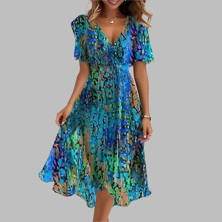 Elegant women's floral ruched midi dress with puff sleeves, perfect for spring and summer occasions.
