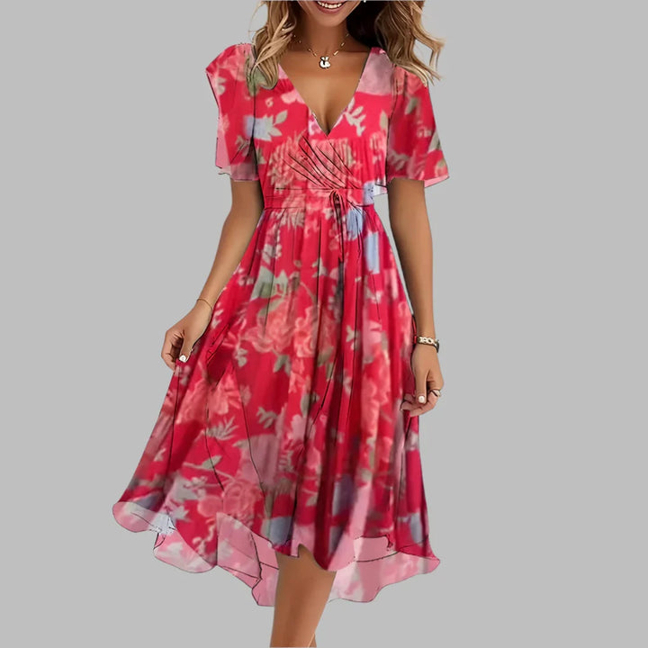 Women's elegant floral midi dress featuring chic puff sleeves and a flattering ruched design, perfect for summer.