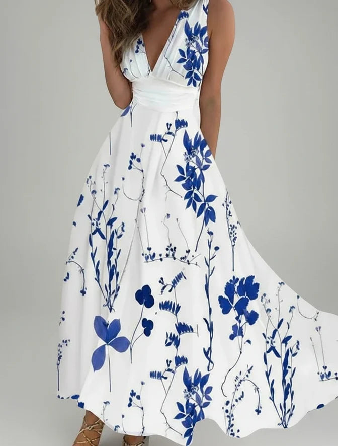 Stylish floral print V-neck midi dress for women, A-line silhouette, ideal for spring casual or party wear.