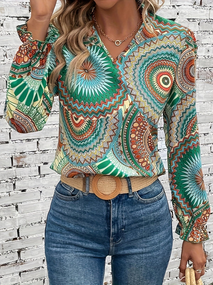 Elegant women's floral V-neck blouse, perfect for stylish spring and fall outfits.