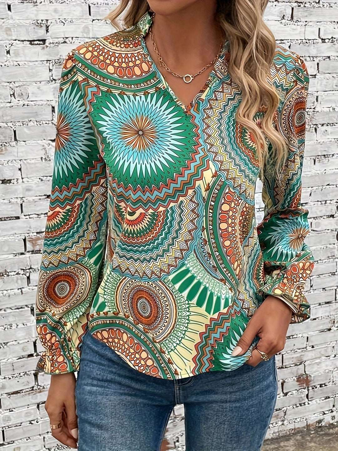 Versatile women's floral V-neck shirt, great for elegant spring ensembles or comfortable fall layering.