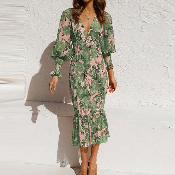 Chic women's floral pattern V-neck midi dress, bodycon fit with elegant bishop sleeves & ruffle details.