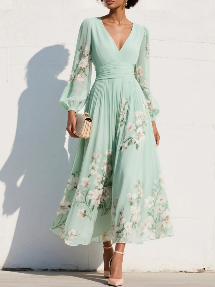 Elegant women's floral V-neck long sleeve midi dress, perfect for spring occasions. Feminine & comfortable.