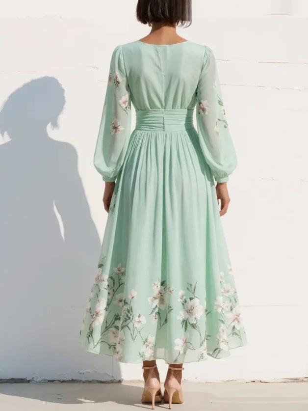 Versatile women's floral print V-neck long sleeve midi dress, ideal for spring, fall, or elegant events.