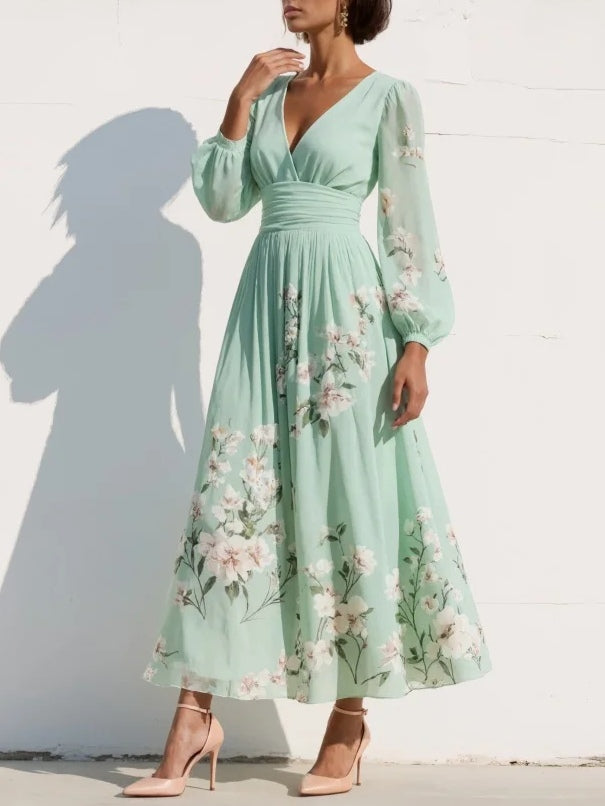 Chic women's V-neck long sleeve floral midi dress, offering comfort & feminine style for any occasion.