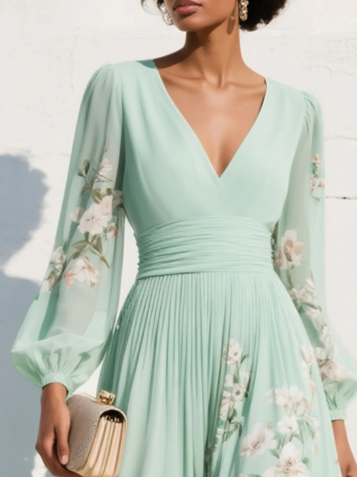 Beautiful women's floral midi dress with V-neck & long sleeves. Elegant design for various occasions.