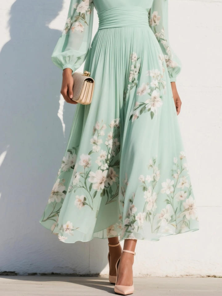 Stylish women's long sleeve floral midi dress, featuring a flattering V-neck and elegant print for comfort.