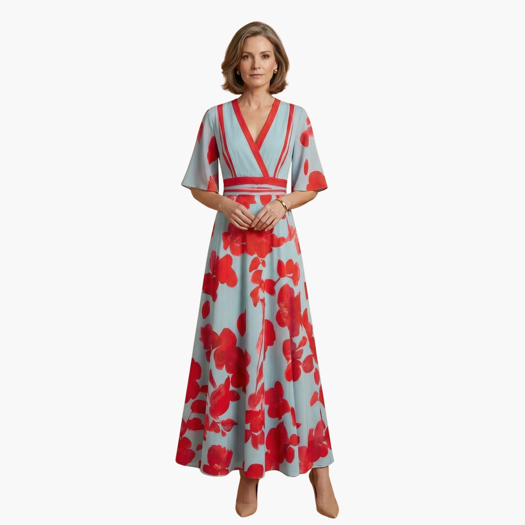 Elegant women's floral V-neck maxi dress. Flowing design, perfect for summer occasions.