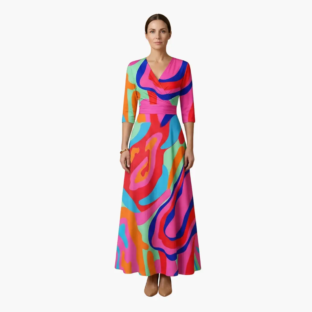 Blue floral V-neck maxi dress for women. Elegant summer party attire with a flowing silhouette.