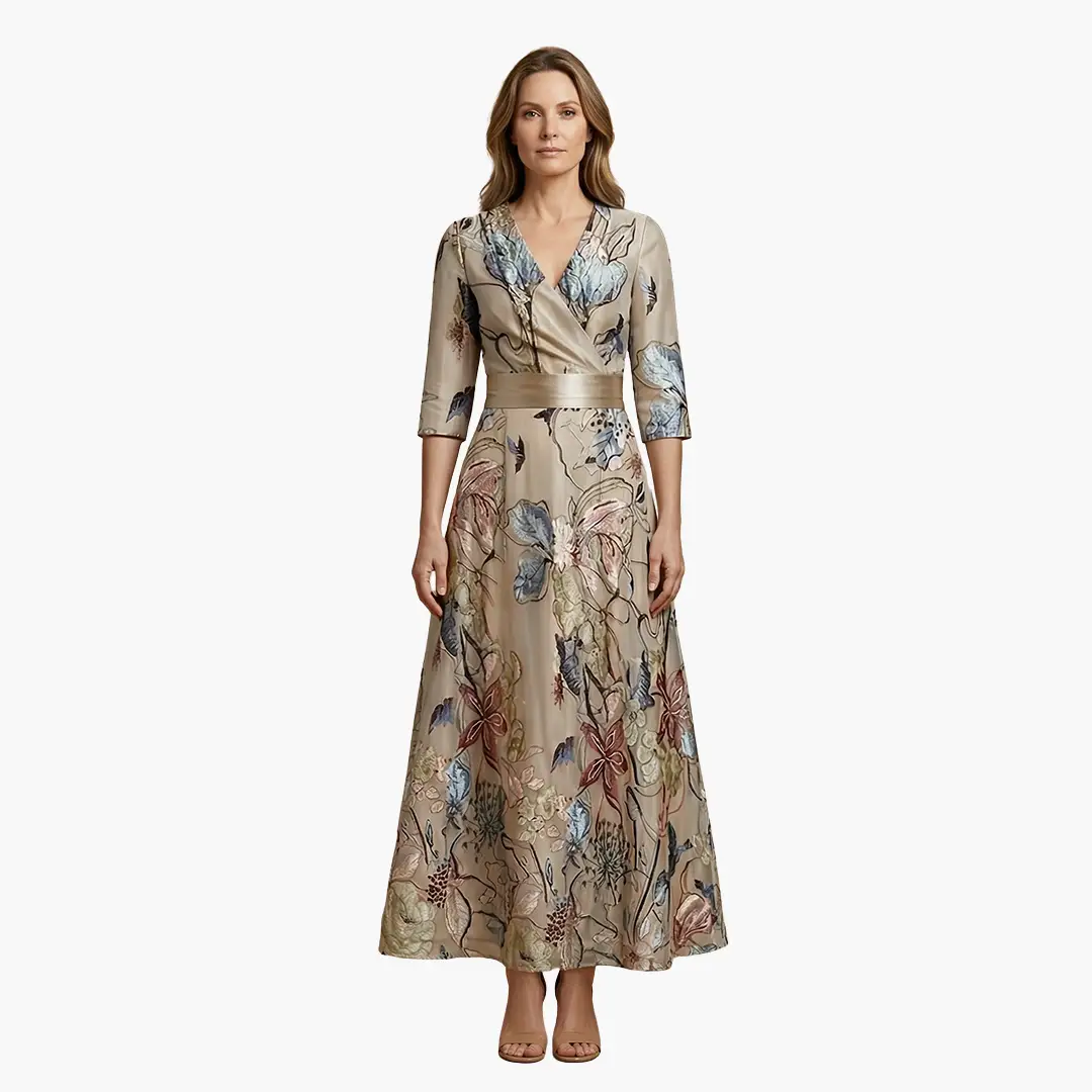 Chic women's elegant floral V-neck maxi dress, styled for a perfect summer outdoor look.