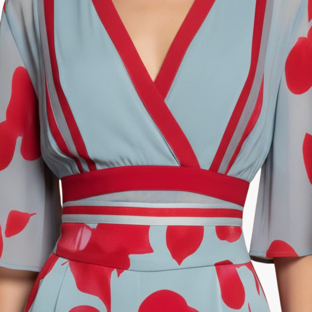 Woman in elegant floral V-neck maxi dress, enjoying a sunny summer day. Long, flowing design.