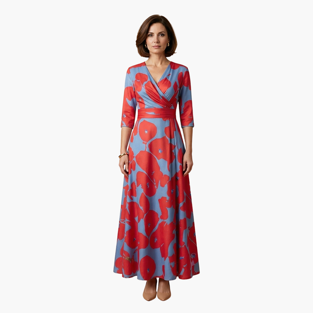 Delicate V-neckline detail of an elegant women's floral maxi dress. Perfect for summer occasions.
