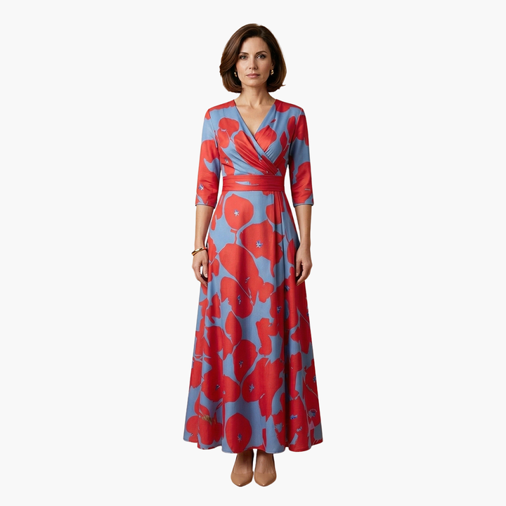 Delicate V-neckline detail of an elegant women's floral maxi dress. Perfect for summer occasions.