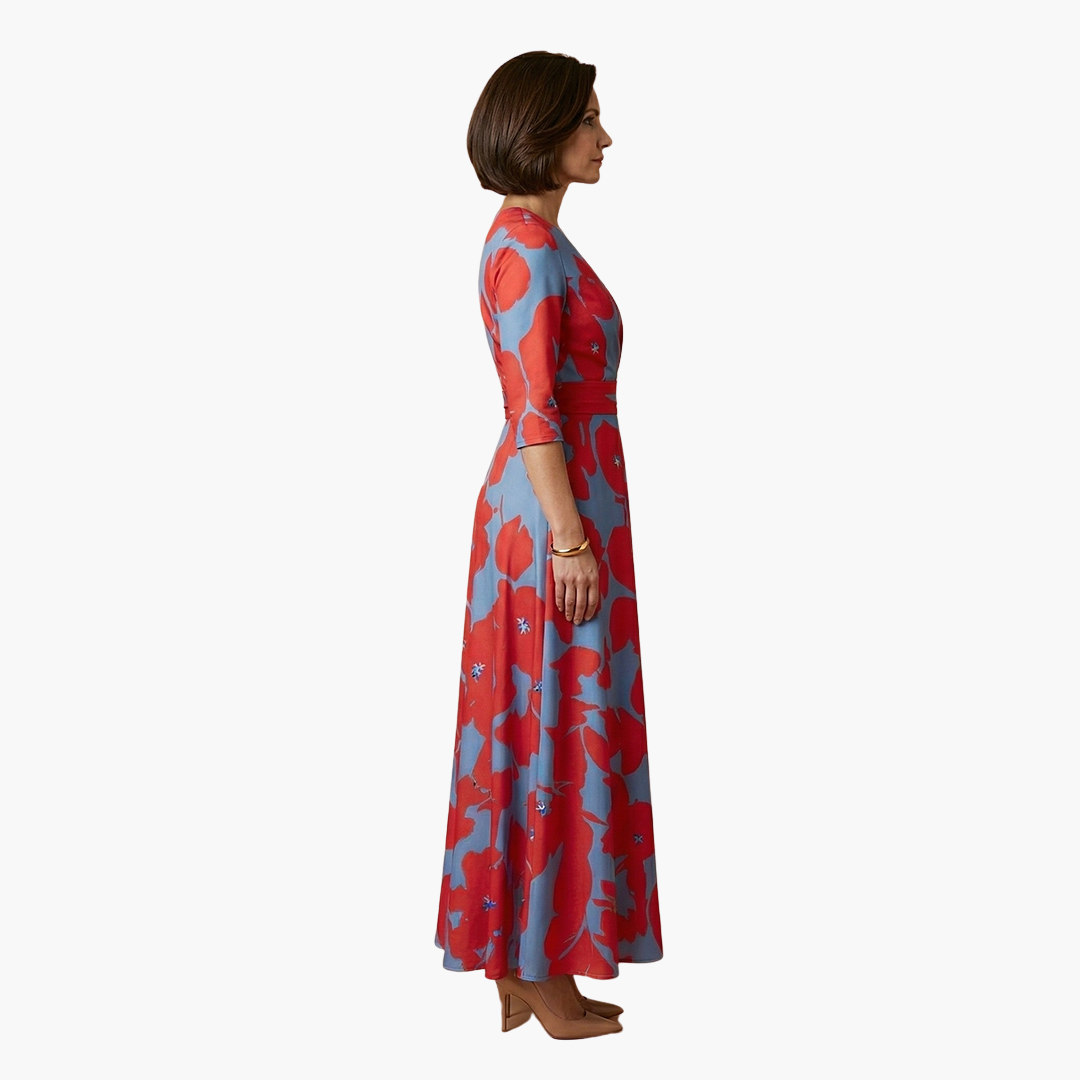 Sleeveless elegant floral V-neck maxi dress, showcasing its flowing summer silhouette.