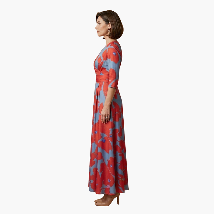 Stylish women's floral V-neck maxi dress. Long, elegant, and flowing for summer sophistication.