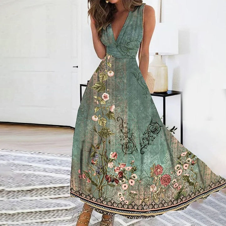 Flowy V-neck floral print maxi dress for women, ideal for casual or formal summer events