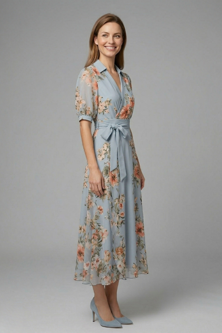 V-neck floral wrap maxi dress for women, with short sleeves and tie waist. A chic and comfortable summer dress.
