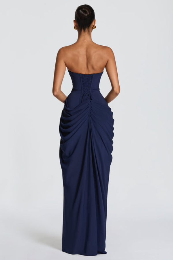 Sophisticated women's occasion gown, a long flowing dress for special parties.