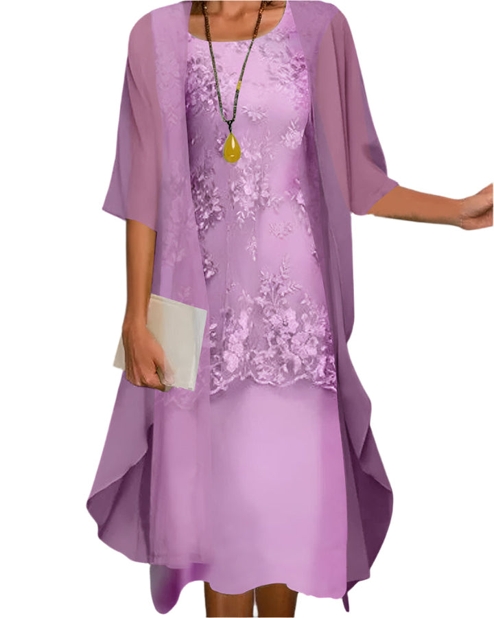 Stylish women's midi dress with sheer sleeves and lace detail, a sophisticated choice for elegant occasions.