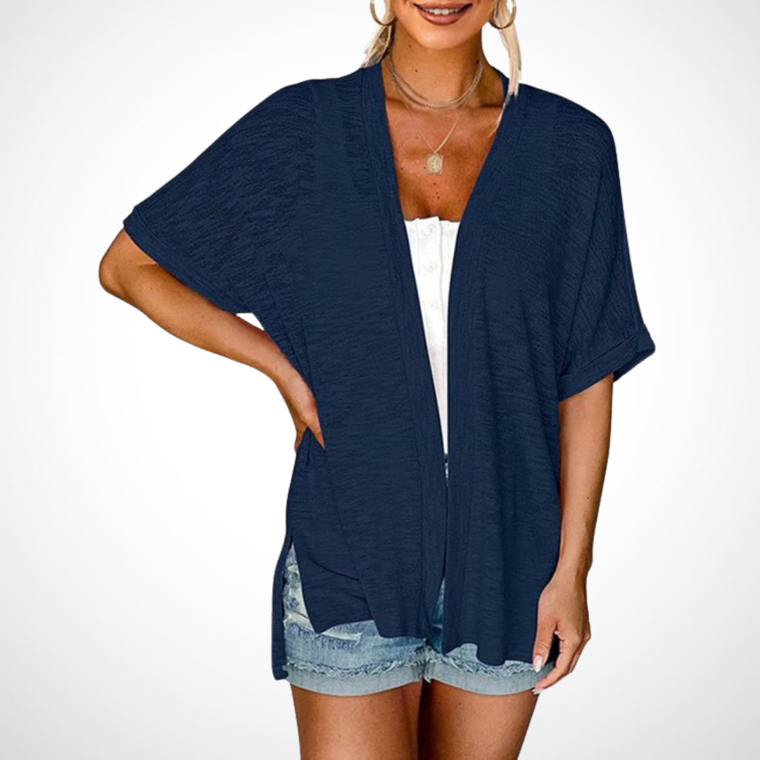 Women's stylish open front short sleeve cardigan, a flowing design perfect as a lightweight summer top for any outfit.