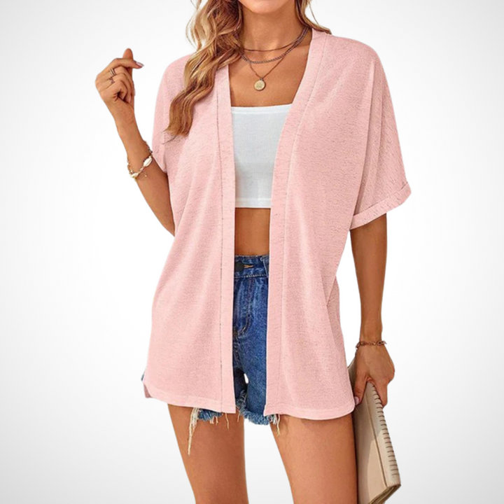 Apricot flowing open front short sleeve cardigan, excellent for women's layered looks & casual summer wear. Lightweight top.