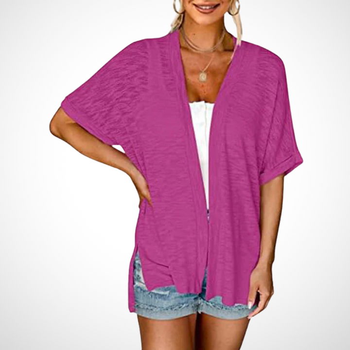 Stylish women's short sleeve open front flowing cardigan, a lightweight apricot summer top perfect for modern fashion.