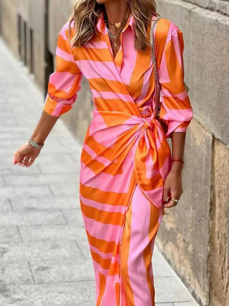 Versatile women's collared maxi wrap dress. Flowing summer style for casual outings or comfortable office wear.