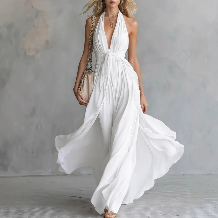 Stunning women's halter maxi dress with a flowing skirt, ideal for evening parties & formal wear.