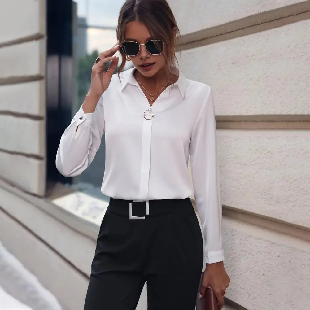 Elegant women's flowy long sleeve chiffon blouse, perfect for versatile office or casual chic wear.