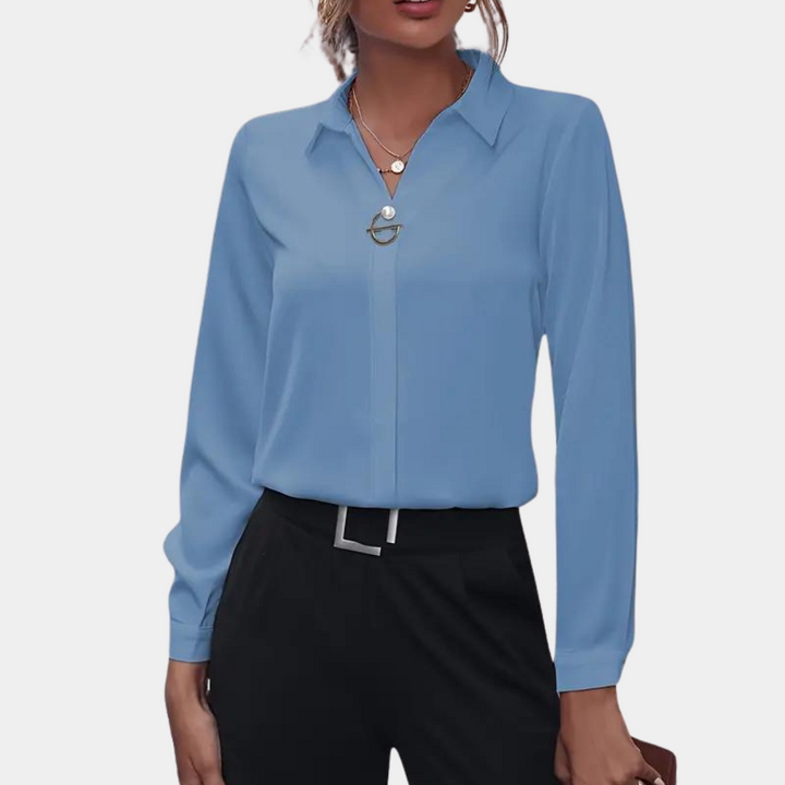 Feminine button-down long sleeve blouse for women, featuring a chic collar & elegant flowy chiffon fabric.