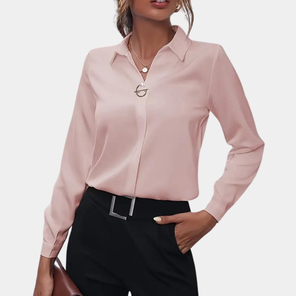 Chic women's flowy long sleeve collared blouse, an elegant and versatile top for professional or casual outfits.