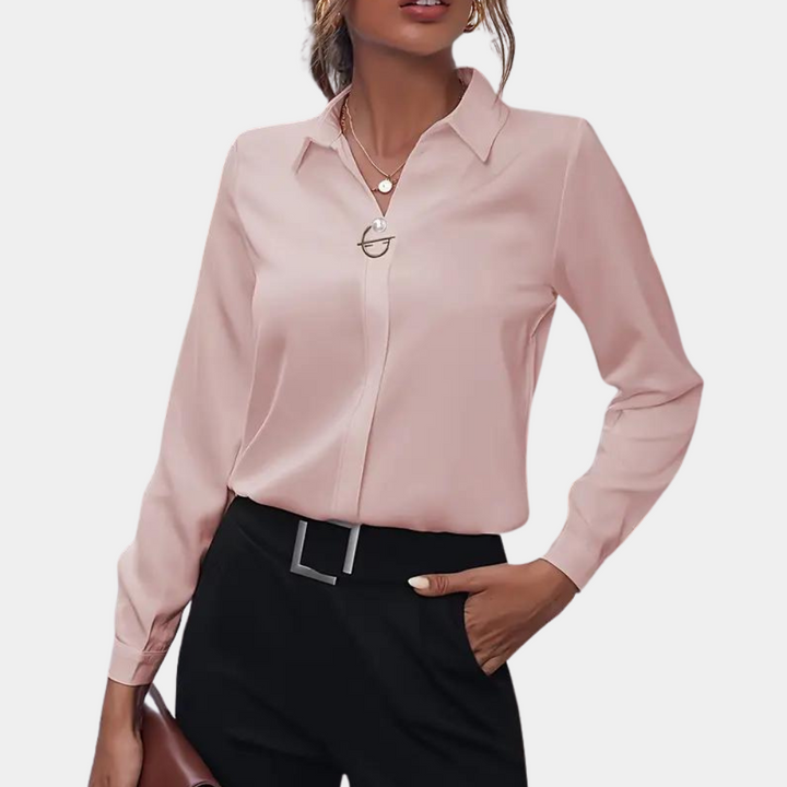 Chic women's flowy long sleeve collared blouse, an elegant and versatile top for professional or casual outfits.