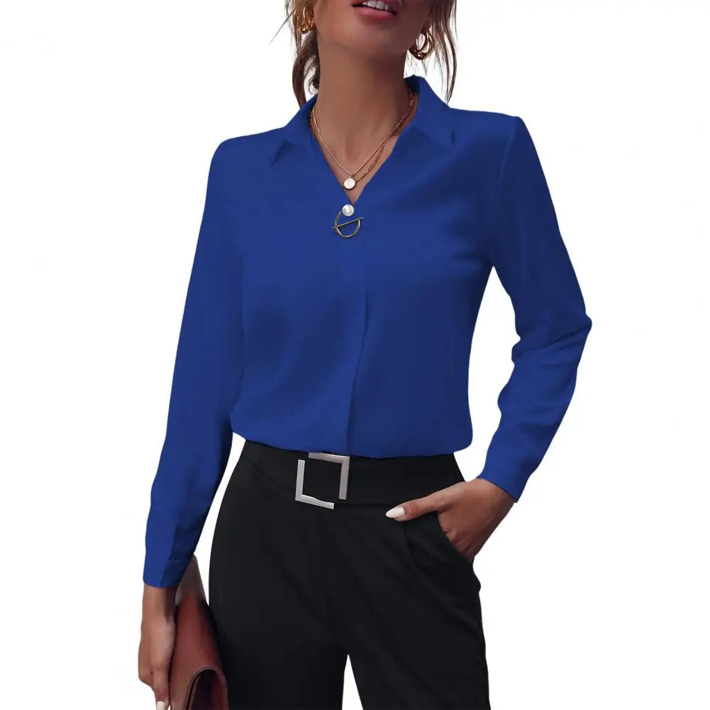 Professional women's long sleeve collared blouse, an elegant and flowy chiffon top perfect for office wear.