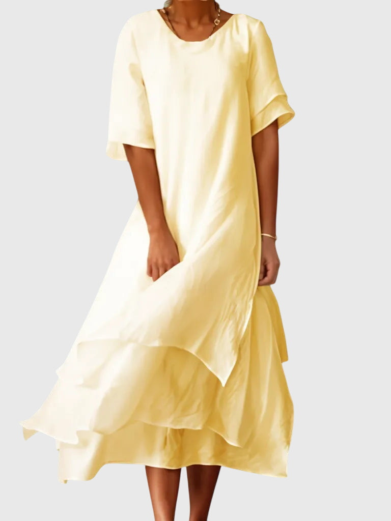 Versatile women's flowy midi dress, offering an effortless, flattering fit. Ideal for chic summer day-to-night wear.