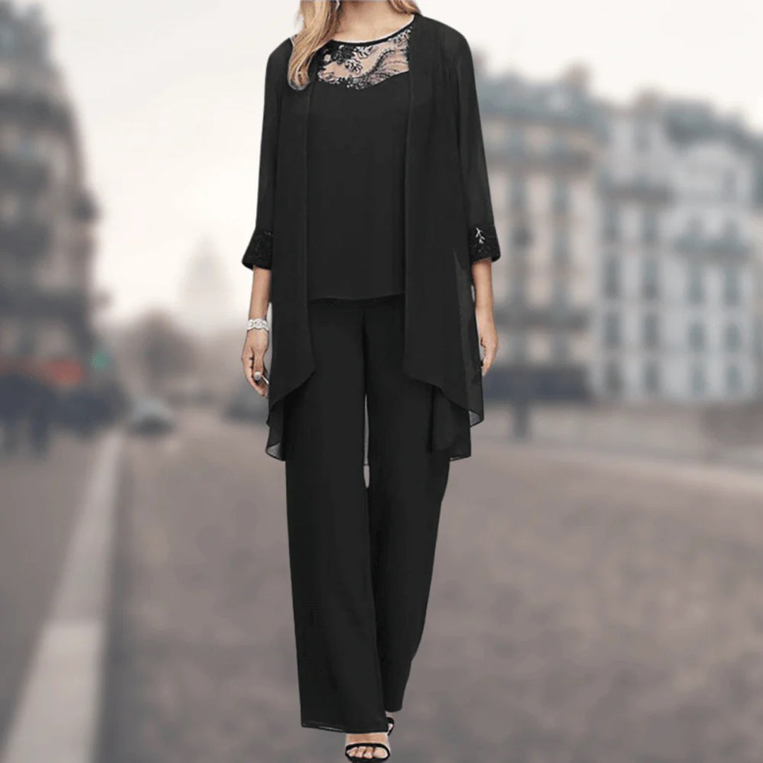 Elegant women's flowy three-piece outfit set with lace trim. Perfect for spring & summer comfort.